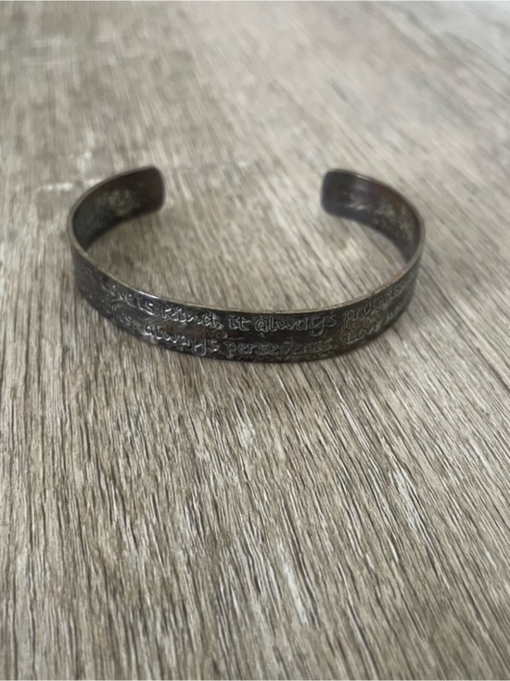 Inspirational “Love Is Patient” Cuff Bracelet – Antique Silver Tone Engraved